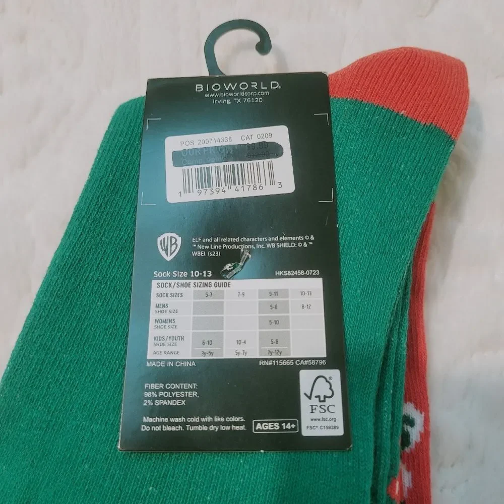 Bioworld Elf Christmas Movie 2 Pair Crew Socks Size 10-13 Shoes 8-12 New